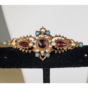 Vintage ART Arthur Pepper Goldtone Metal and Multi Rhinestone Faux Pearl Brooch